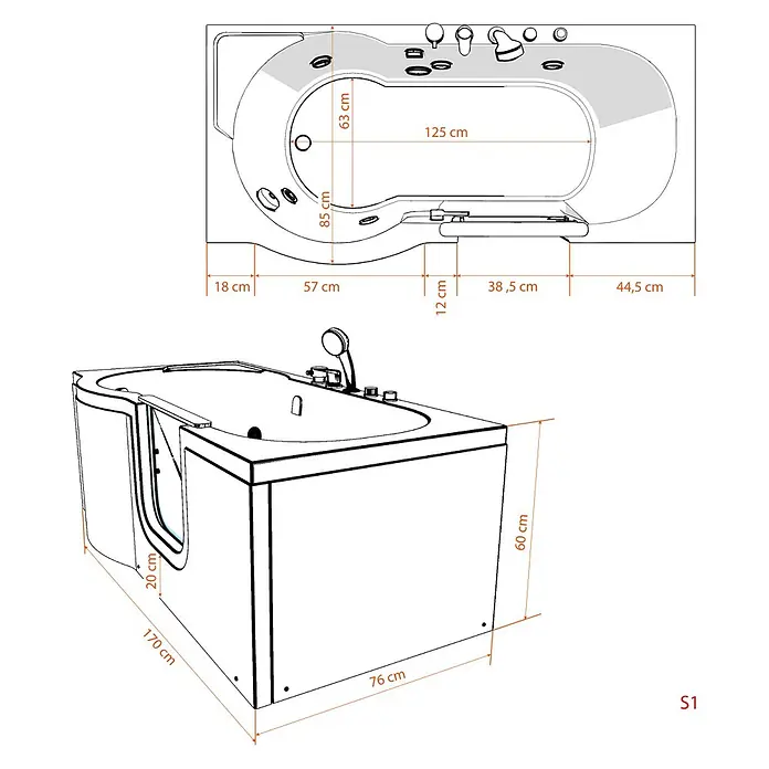 AcquaVapore Badewanne Fertigdusche S12-R - 85 x 170 cm, Acryl, Weiß - Weiße begehbare Badewanne mit Seitentür und integriertem Sitz, Maße: 170x76x60cm und innen 125x63cm.