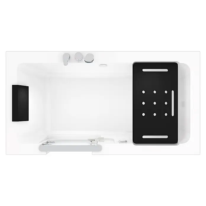AcquaVapore Badewanne Fertigdusche S15-EH-L - Acryl - Moderner weißer Dusch-/Badebereich mit schwarzem Bedienfeld, schwarzem Wandelement und Chromarmaturen.