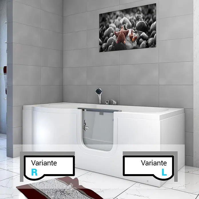 AcquaVapore Badewanne Fertigdusche S12-EH-L - 170 x 85 cm, Acryl, Weiß - Weiße barrierefreie Badewanne mit Tür, für einfachen Einstieg, dargestellt mit Links- und Rechts-Variante.