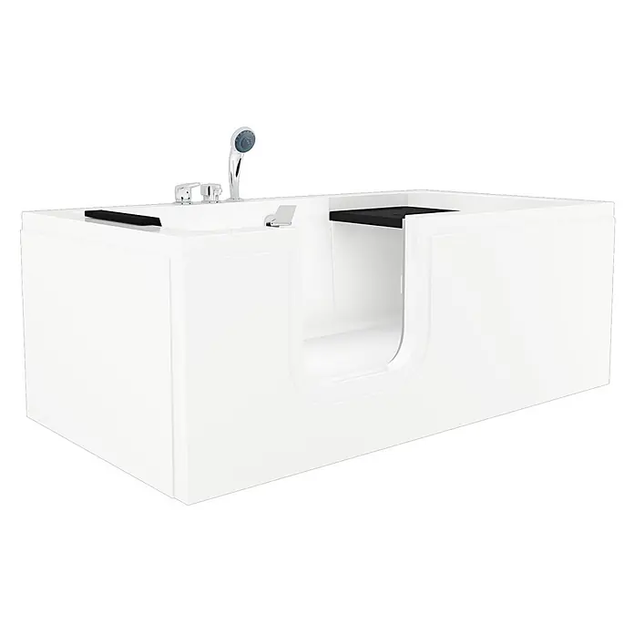 AcquaVapore Badewanne Fertigdusche S15-EH-L - Acryl - Weißer barrierefreier Badewanne mit integrierter Armatur, Brause und schwarzem Innensitz für einfachen Einstieg.