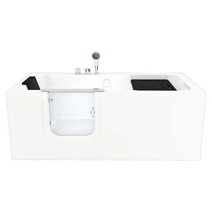 AcquaVapore Badewanne Fertigdusche S15-EH-L - Acryl - Weiße begehbare Badewanne mit transparenter Tür, Armatur, Handbrause und schwarzem Sitz/Kopfstütze für Barrierefreiheit.