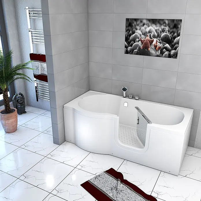 AcquaVapore Badewanne Fertigdusche S12-EH-R - 85 x 170 cm, Acryl, Weiß - Weißes barrierefreies Badewanne mit integriertem Sitz und Duscharmatur.
