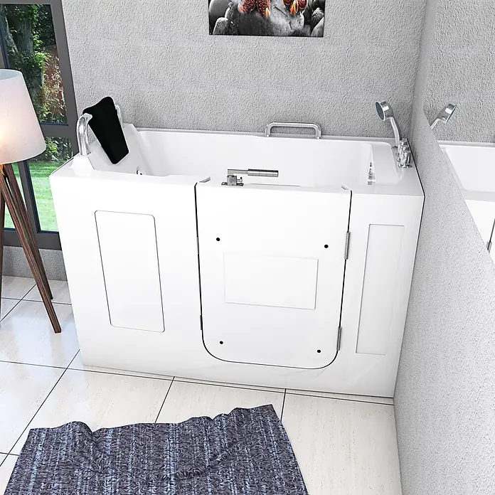 AcquaVapore Badewanne Fertigdusche S07-TH-C-R - 140 x 76 cm, Acryl, Weiß - Eine weiße Einstiegswanne mit Seitentür, Haltegriffen und Duschkopf für einfachen Zugang und bequemes Baden.