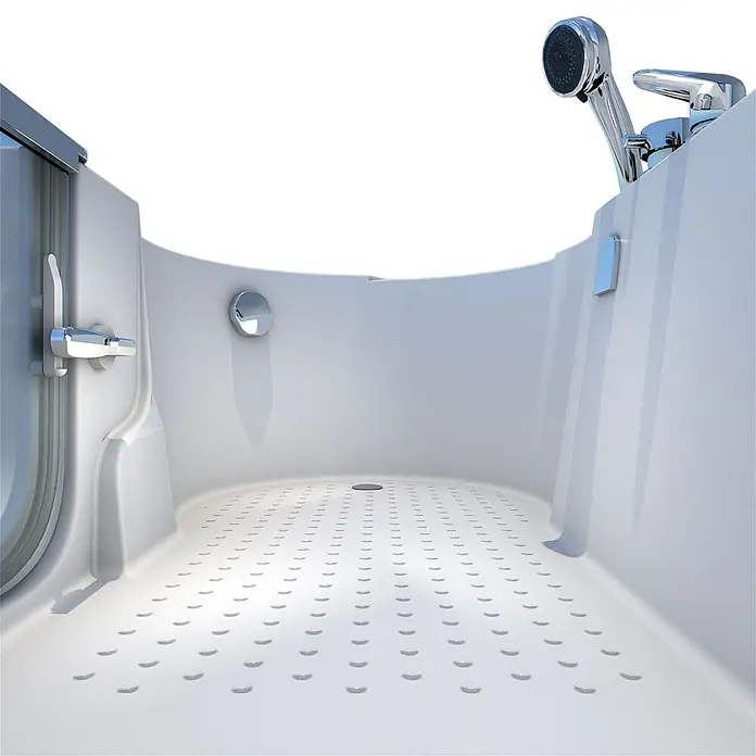 AcquaVapore Badewanne Fertigdusche S12-EH-R - 85 x 170 cm, Acryl, Weiß - Weiße barrierefreie Dusche mit rutschfestem Boden, Chrom-Duschkopf, Armatur und sicherem Türverschluss für einfachen Zugang.