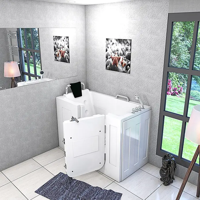 AcquaVapore Badewanne Fertigdusche S07-TH-A-R - Acryl, Weiß - Weiße, begehbare Badewanne mit offener Tür, für einfachen Zugang in einem Badezimmer.