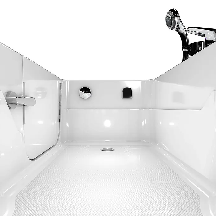 AcquaVapore Badewanne Fertigdusche S17-EH-R - 75 x 150 cm, Acryl, Weiß - Innenansicht einer weißen begehbaren Badewanne mit rutschfestem Boden, Chromgriff, Abfluss und Duscharmatur.