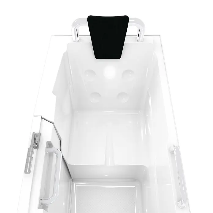 AcquaVapore Badewanne Fertigdusche S07-B-R - 140 x 76 cm, Acryl, Weiß - Weiße begehbare Badewanne mit schwarzer Kopfstütze, Hydrotherapie-Düsen und Chrom-Haltegriffen.