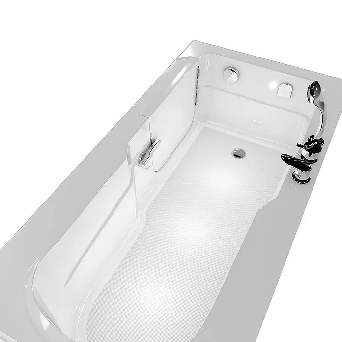 AcquaVapore Badewanne Fertigdusche S17-EH-R - 75 x 150 cm, Acryl, Weiß - Weiße begehbare Badewanne mit rutschfestem Boden, integriertem Sitz, Haltegriff und Chromarmaturen.