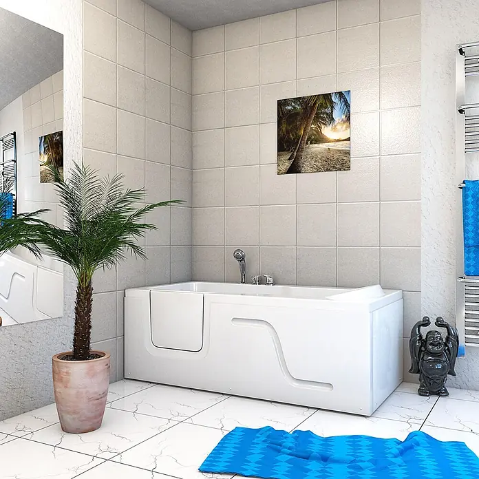AcquaVapore Badewanne Fertigdusche S17-EH-R - 75 x 150 cm, Acryl, Weiß - Weiße barrierefreie Badewanne mit integrierter Tür in einem modernen Badezimmer.