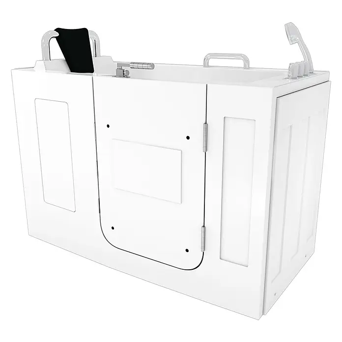 AcquaVapore Badewanne Fertigdusche S07-TH-B-R - 140 x 76 cm, Acryl, Weiß - Weiße Walk-in-Badewanne mit zugänglicher Tür, integriertem Sitz, Haltegriffen und Handbrause für sicheres Baden.