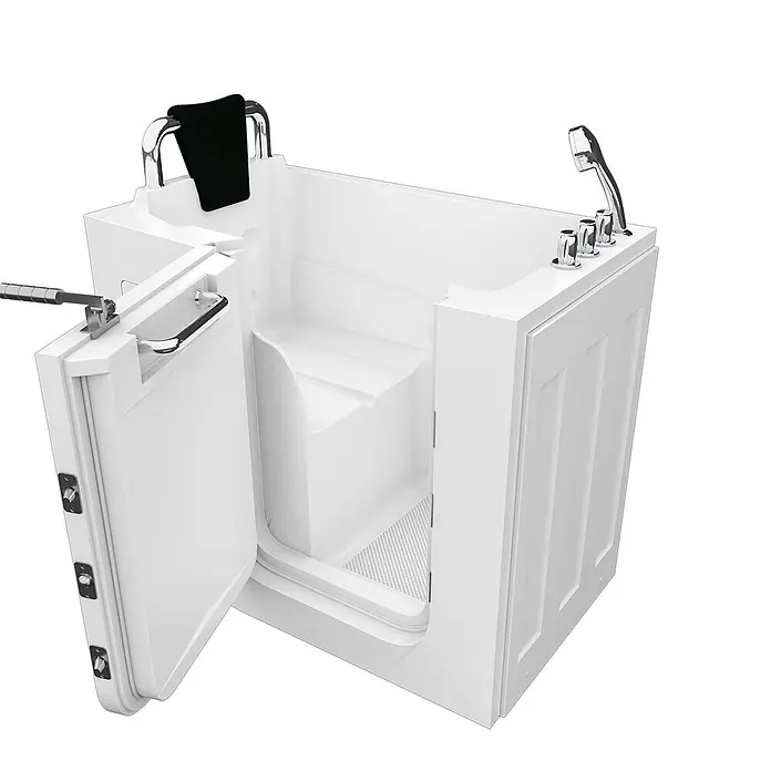 AcquaVapore Badewanne Fertigdusche S08-TH-B-L - 110 x 68 cm, Acryl, Weiß - Weiße, barrierefreie Badewanne mit offener Tür, integriertem Sitz, Haltegriff und Handbrause.