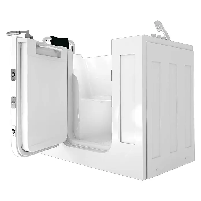 AcquaVapore Badewanne Fertigdusche S07-TH-A-L - 76 x 140 cm, Acryl, Weiß - Weiße begehbare Badewanne mit offener Tür, integriertem Sitz und Haltegriff für Barrierefreiheit.