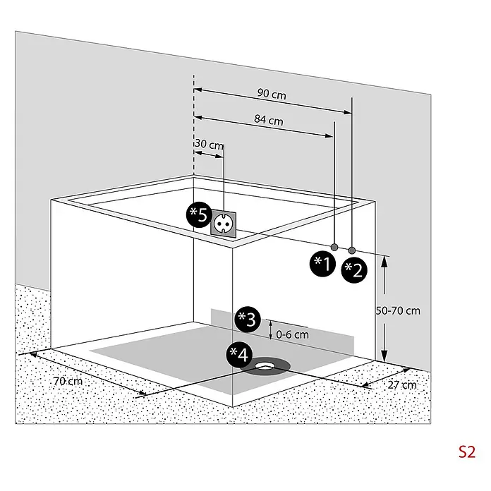 AcquaVapore Komplettdusche Fertigdusche S08D-A-L - 68 x 110 x 205 cm, Weiß - Diagramm mit Installationsmaßen für eine Duschwanne mit Wasseranschlüssen, Abfluss und Steckdose.