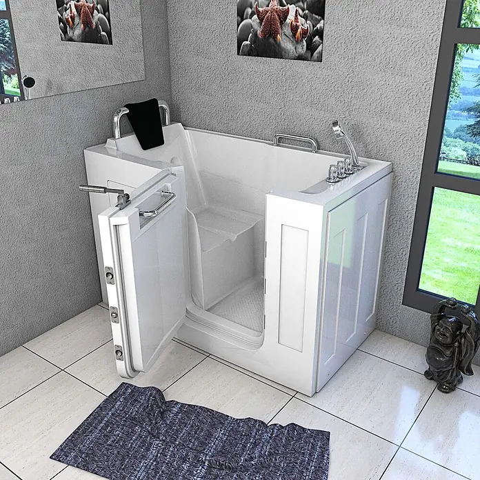 AcquaVapore Badewanne Fertigdusche S07-TH-A-L - 76 x 140 cm, Acryl, Weiß - Weiße Einstiegswanne mit geöffneter Tür, integriertem Sitz und Haltegriffen, in einem modernen Badezimmer.