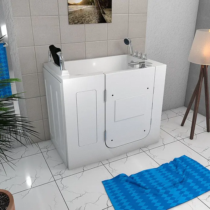 AcquaVapore Badewanne Fertigdusche S08-TH-B-L - 110 x 68 cm, Acryl, Weiß - Weiße begehbare Badewanne mit Zugangstür, integriertem Duschkopf und Haltegriffen für sicheres Baden.