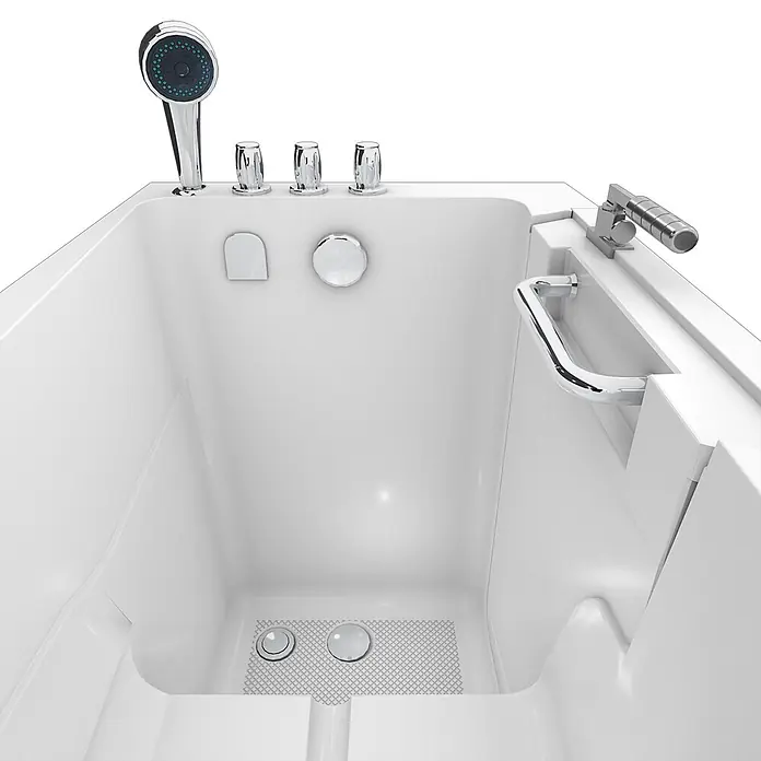 AcquaVapore Badewanne Fertigdusche S08-TH-C-L - 110 x 68 cm, Acryl, Weiß - Weiße Badewanne mit Einstieg, verchromter Handbrause, Bedienelementen und Haltegriff, mit rutschfestem Boden und Abfluss.
