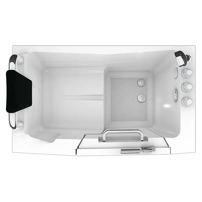 AcquaVapore Badewanne Fertigdusche S08-TH-C-L - 110 x 68 cm, Acryl, Weiß - Weiße begehbare Badewanne mit schwarzer gepolsterter Rückenlehne, Chrom-Haltegriffen, rutschfestem Boden und leicht zugänglicher Tür, für Barrierefreiheit.