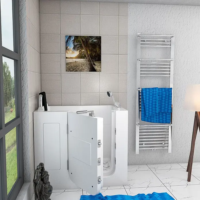 AcquaVapore Badewanne Fertigdusche S08-TH-A-L - 68 x 110 cm, Acryl, Weiß - Weiße begehbare Badewanne mit offener Tür und Chromarmaturen in einem modernen Badezimmer.