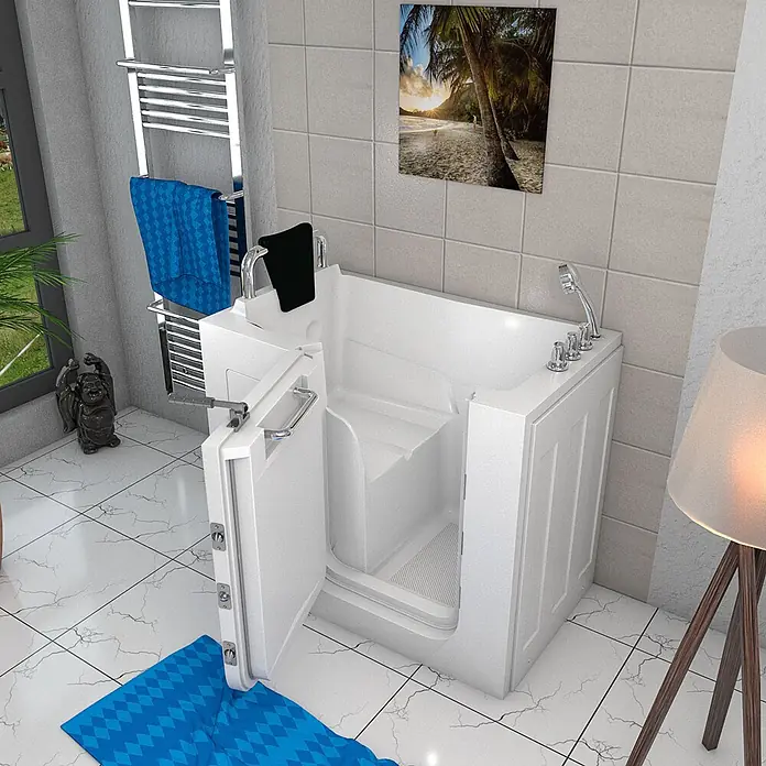 AcquaVapore Badewanne Fertigdusche S08-TH-B-L - 110 x 68 cm, Acryl, Weiß - Weißer begehbarer Badewanne mit offener Tür, integriertem Sitz und rutschfestem Boden.