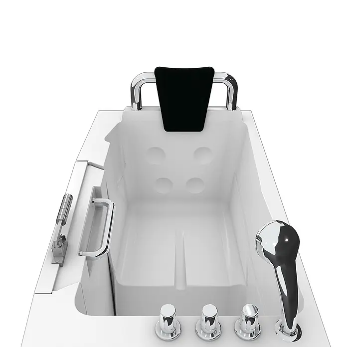 AcquaVapore Badewanne Fertigdusche S08-TH-C-L - 110 x 68 cm, Acryl, Weiß - Weiße barrierefreie Badewanne mit Chrom-Haltegriffen, Bedienknöpfen, Handbrause und schwarzer Kopfstütze.
