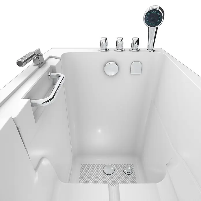 AcquaVapore Badewanne Fertigdusche S08-TH-C-R - 110 x 68 cm, Acryl, Weiß - Weiße barrierefreie Badewanne mit Chromarmaturen, integriertem Haltegriff und Handbrause.
