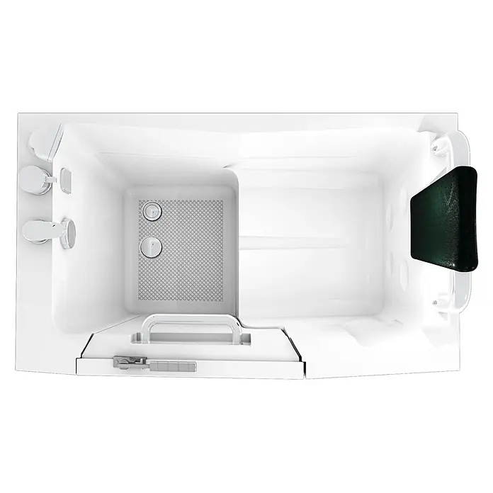 AcquaVapore Badewanne Fertigdusche S08-A-R - 68 x 110 cm, Acryl, Weiß - Ansicht von oben auf eine weiße begehbare Badewanne mit dunkelgrüner Kopfstütze, Chromarmaturen und rutschfestem Boden, konzipiert für barrierefreies Baden.