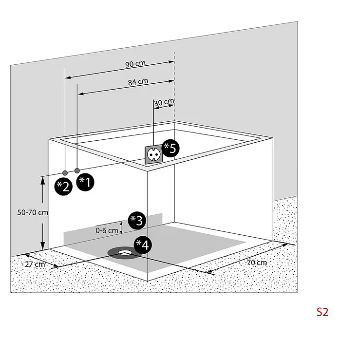 AcquaVapore Komplettdusche Fertigdusche S08D-A-R - 68 x 110 x 205 cm, Weiß - Technisches Diagramm zur Installation einer Duschwanne mit verschiedenen Maßen für Wasseranschlüsse, Abfluss und Elektroanschluss.
