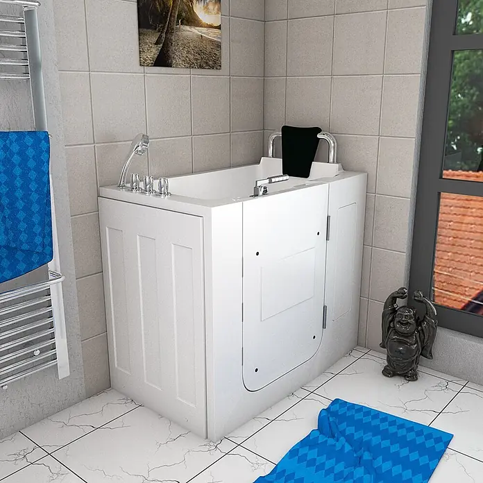 AcquaVapore Badewanne Fertigdusche S08-TH-C-R - 110 x 68 cm, Acryl, Weiß - Weiße begehbare Badewanne mit seitlicher Tür und Chromarmaturen, für einfachen Einstieg.
