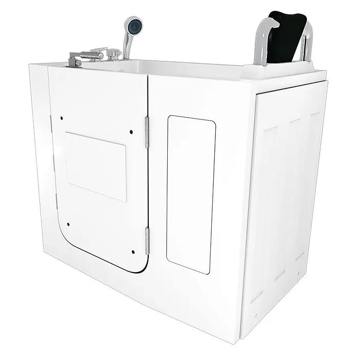 AcquaVapore Badewanne Fertigdusche S08-A-R - 68 x 110 cm, Acryl, Weiß - Weiße Walk-in-Badewanne mit Tür, Armaturen, Handbrause und schwarzer Kopfstütze.