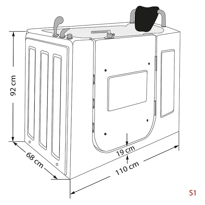 AcquaVapore Badewanne Fertigdusche S08-C-R - 110 x 68 cm, Acryl, Weiß - Weiße Badewanne mit Einstiegstür, schwarzer Kopfstütze und silbernen Armaturen, Maße dargestellt. Für barrierefreies Baden.