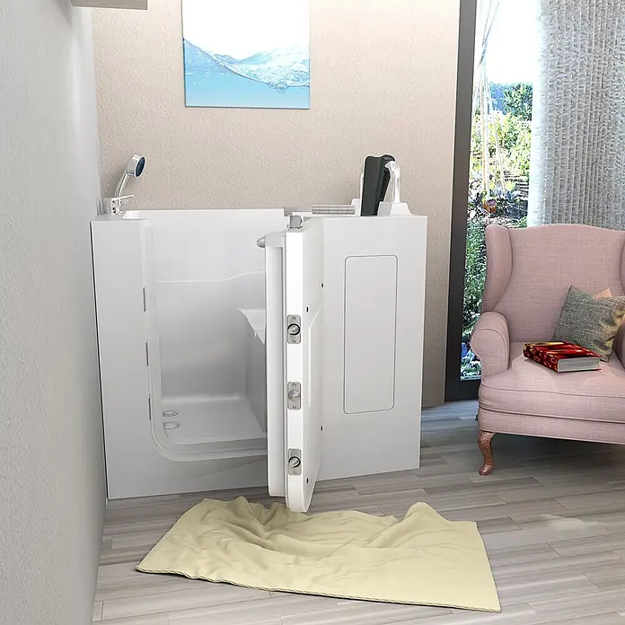 AcquaVapore Badewanne Fertigdusche S08-A-R - 68 x 110 cm, Acryl, Weiß - Weiße barrierefreie Badewanne mit offener Tür, integriertem Sitz und Handbrause, für verbesserte Badezimmerzugänglichkeit.