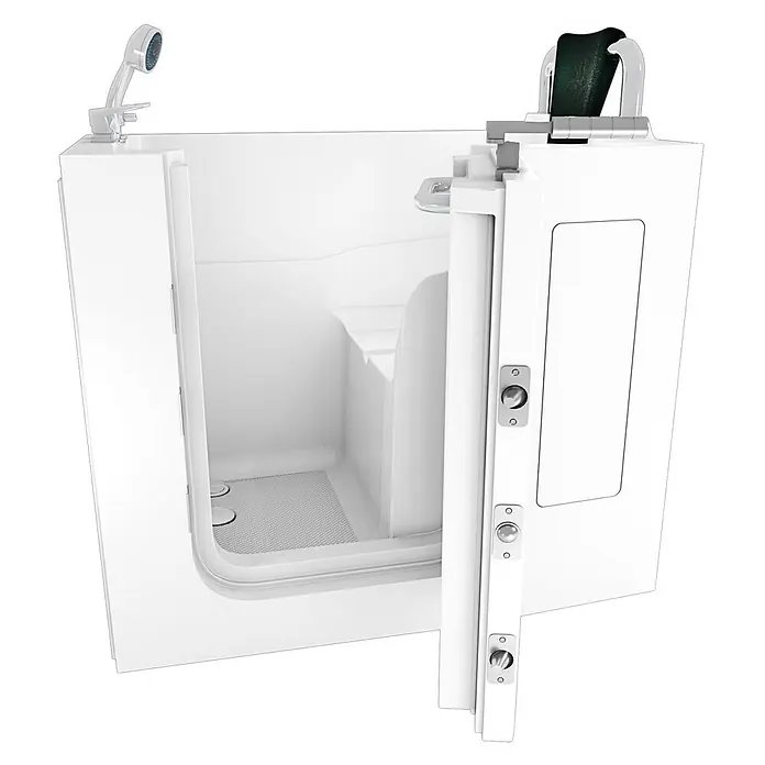 AcquaVapore Badewanne Fertigdusche S08-A-R - 68 x 110 cm, Acryl, Weiß - Weiße begehbare Badewanne mit offener Seitentür, integriertem Sitz, Duschkopf und dunkelgrüner Kopfstütze.