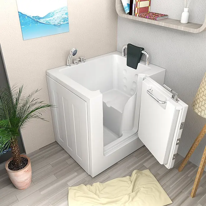 AcquaVapore Badewanne Fertigdusche S02-C-R - 100 x 78 cm, Acryl, Weiß - Weiße begehbare Badewanne mit offener Seitentür, integriertem Sitz und Haltegriffen für barrierefreies Baden.