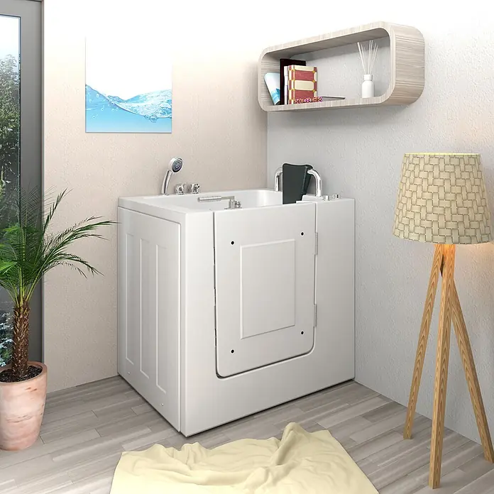 AcquaVapore Badewanne Fertigdusche S02-C-R - 100 x 78 cm, Acryl, Weiß - Weiße barrierefreie Badewanne mit Seitentür, eingebautem Sitz und Haltegriffen in einem modernen Badezimmer.