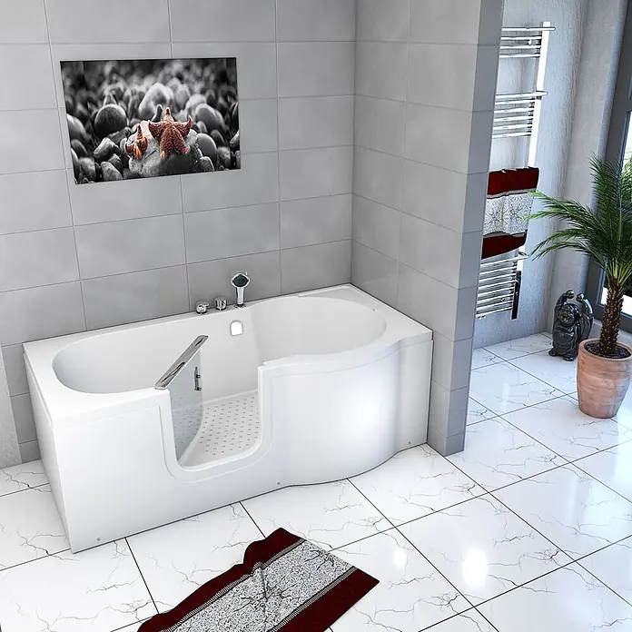 AcquaVapore Badewanne Fertigdusche S12-EH-L - 170 x 85 cm, Acryl, Weiß - Weiße barrierefreie Badewanne mit integrierter Tür für einfachen Zugang in einem modernen, gefliesten Badezimmer.