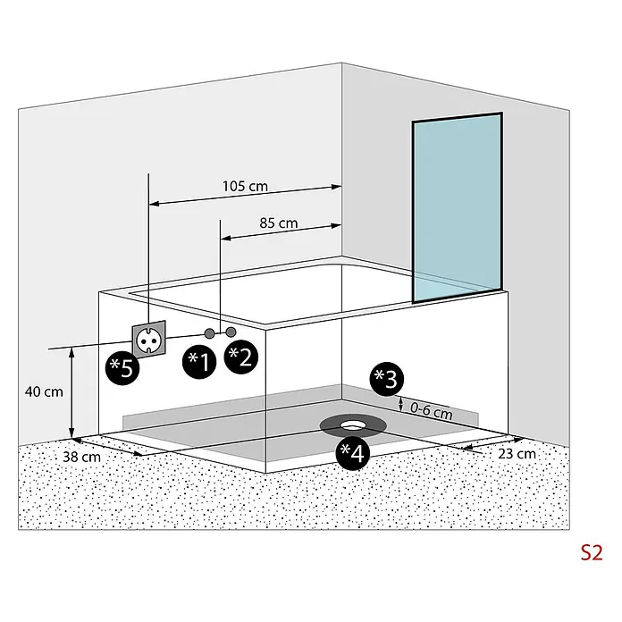 AcquaVapore Komplettdusche Fertigdusche S12D-TH-L - 170 x 85 x 200 cm, Weiß - Technische Zeichnung einer Badewanne/Dusche in einer Badezimmerecke, mit Maßen (105x85 cm), Steckdose und Abfluss.
