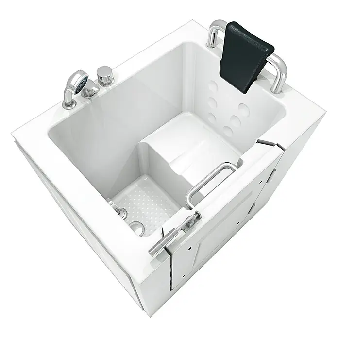 AcquaVapore Badewanne Fertigdusche S02-B-R - 100 x 78 cm, Acryl, Weiß - Weiße begehbare Badewanne mit integriertem Sitz, Chromarmaturen, Handbrause und schwarzer Kopfstütze, für barrierefreies Baden.