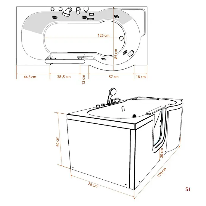 AcquaVapore Badewanne Fertigdusche S12-EH-L - 170 x 85 cm, Acryl, Weiß - Technische Zeichnung einer weißen Badewanne mit Einstiegstür, mit Gesamt- und Innenmaßen.