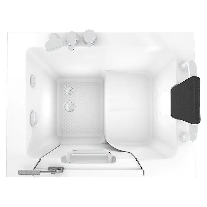 AcquaVapore Badewanne Fertigdusche S02-C-R - 100 x 78 cm, Acryl, Weiß - Ansicht von oben auf eine weiße, barrierefreie Badewanne mit Chromarmaturen, integriertem Sitz und schwarzer Kopfstütze.