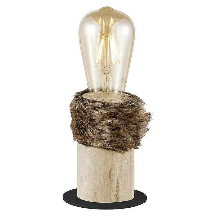 Home Sweet Home Tischleuchte Furdy - 10 W, Beige, E27, 100 mm x 11,5 cm - Diese Tischleuchte hat einen Lampenschirm aus Fell und einen Lampenfuß aus Holz. Die Lampe hat eine Glühbirne im Edison-Stil.