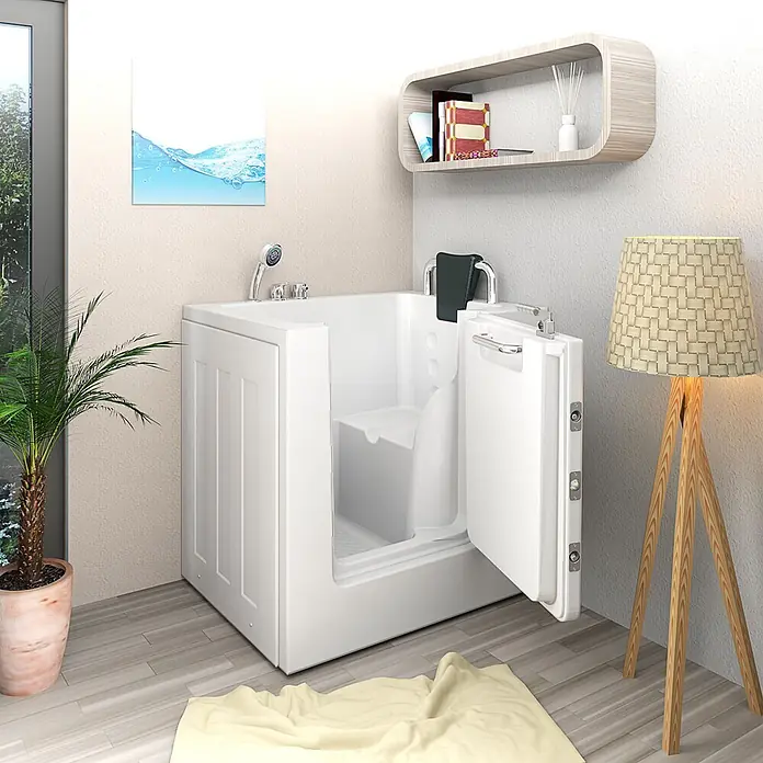 AcquaVapore Badewanne Fertigdusche S02-C-R - 100 x 78 cm, Acryl, Weiß - Weiße begehbare Badewanne mit offener Tür und integriertem Sitz für einfachen Einstieg und bequemes Baden.