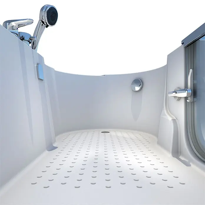 AcquaVapore Badewanne Fertigdusche S12-EH-L - 170 x 85 cm, Acryl, Weiß - Weißer begehbarer Duschinnenraum mit rutschfestem Boden und Chromarmaturen.