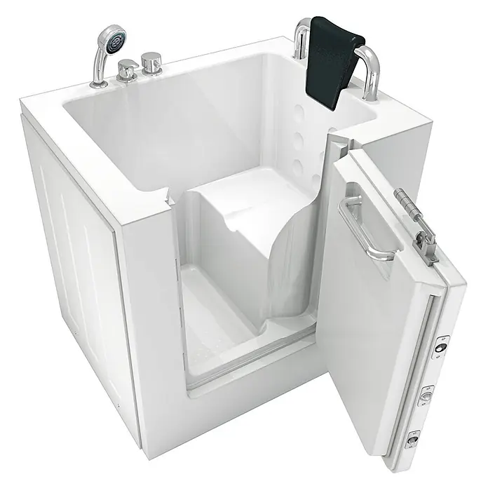 AcquaVapore Badewanne Fertigdusche S02-B-R - 100 x 78 cm, Acryl, Weiß - Weiße Badewanne mit offener Tür, integriertem Sitz, Chromarmaturen und schwarzer Kopfstütze.
