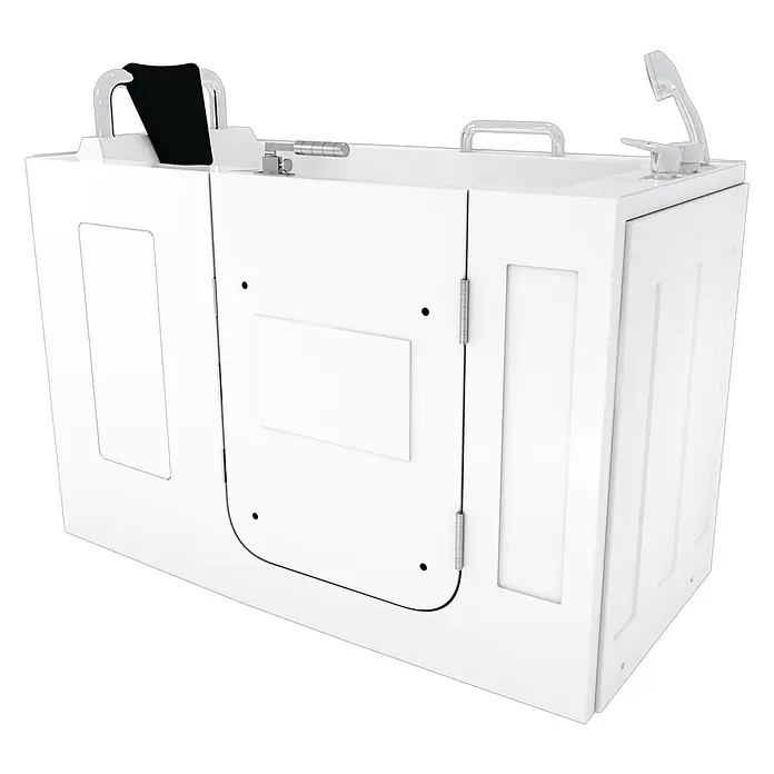 AcquaVapore Badewanne Fertigdusche S07-B-R - 140 x 76 cm, Acryl, Weiß - Weiße barrierefreie Einstiegswanne mit Tür, integriertem Sitz, Haltegriffen und Handbrause.