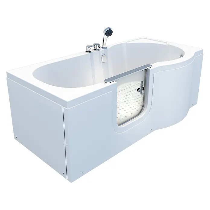 AcquaVapore Badewanne Fertigdusche S12-EH-L - 170 x 85 cm, Acryl, Weiß - Weiße begehbare Badewanne mit transparenter Seitentür, Chromarmaturen und integriertem Duschkopf für barrierefreies Baden.