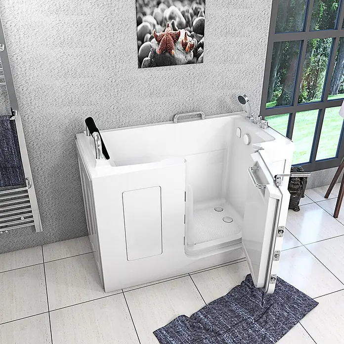 AcquaVapore Badewanne Fertigdusche S07-B-R - 140 x 76 cm, Acryl, Weiß - Weiße begehbare Badewanne mit geöffneter Seitentür für einfachen Einstieg. Mit integriertem Sitz und Duschkopf.