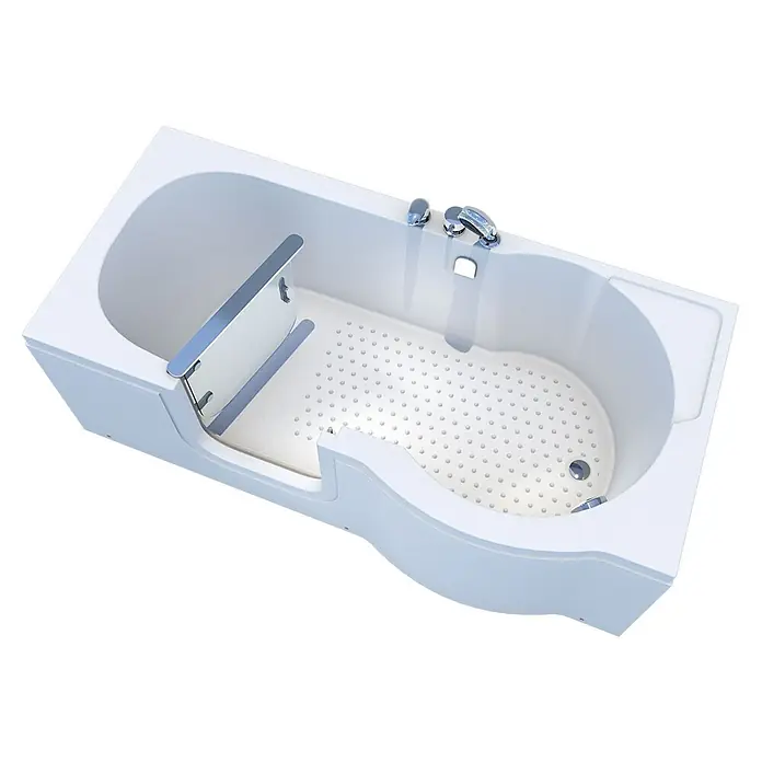 AcquaVapore Badewanne Fertigdusche S12-EH-L - 170 x 85 cm, Acryl, Weiß - Weiße begehbare Badewanne mit niedrigem Einstieg, rutschfestem Boden und verchromtem Haltegriff.