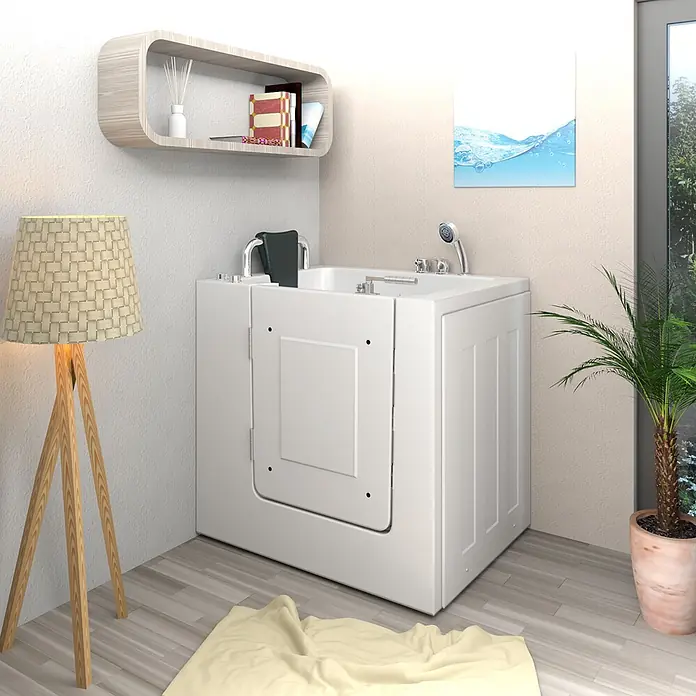 AcquaVapore Badewanne Fertigdusche S02-A-L - 78 x 100 cm, Acryl, Weiß - Weiße begehbare Badewanne mit Seitentür und Haltegriffen, für einfachen Zugang in einem modernen Badezimmer.
