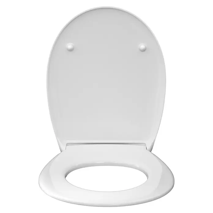 WC-Sitz Tek - Duroplast, Weiß, Mit Absenkautomatik - Eine Nahaufnahme eines weißen Toilettensitzes mit Deckel. Der Toilettensitz ist sauber und unbenutzt und präsentiert sich in ovaler Form.