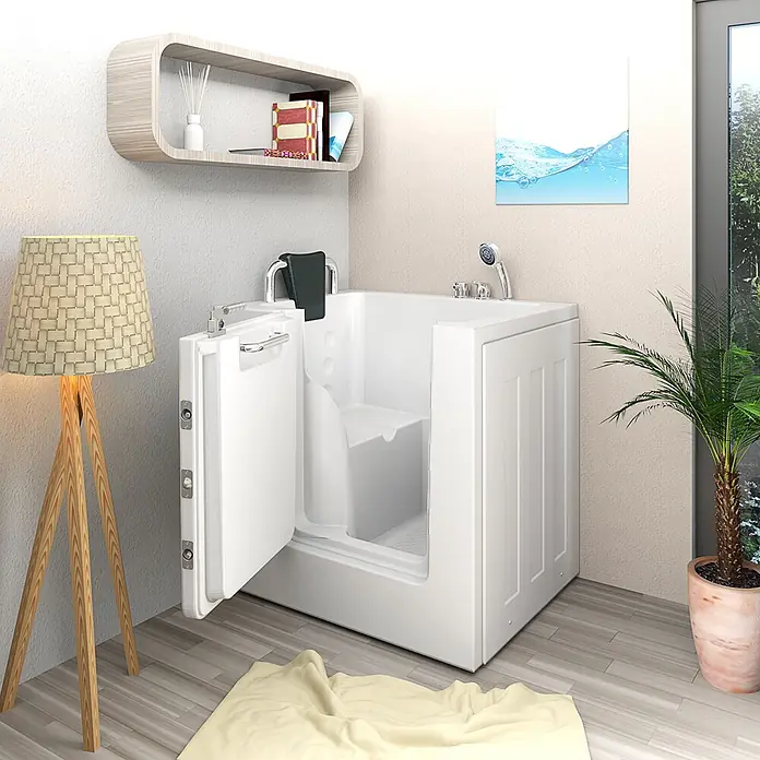 AcquaVapore Badewanne Fertigdusche S02-A-L - 78 x 100 cm, Acryl, Weiß - Weißer begehbarer Badewanne mit offener Tür, integriertem Sitz und Handbrause, für barrierefreies Baden.